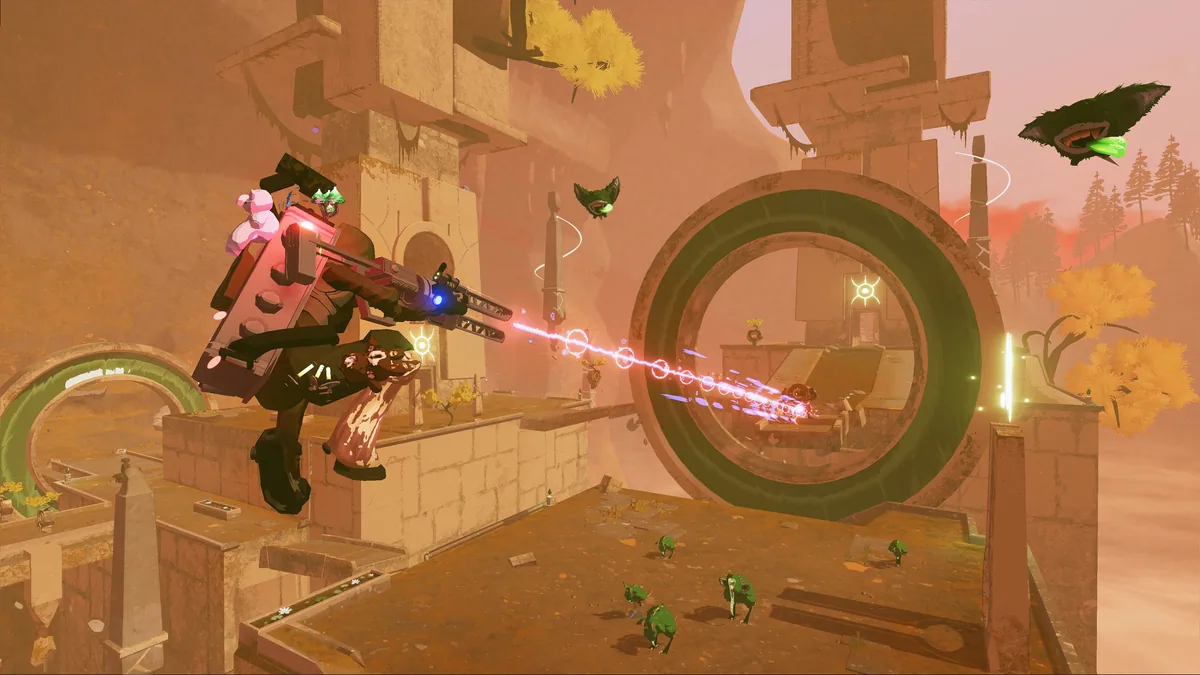 Railgunner aiming through high-tech holographic scope targeting enemy weakpoint crystals